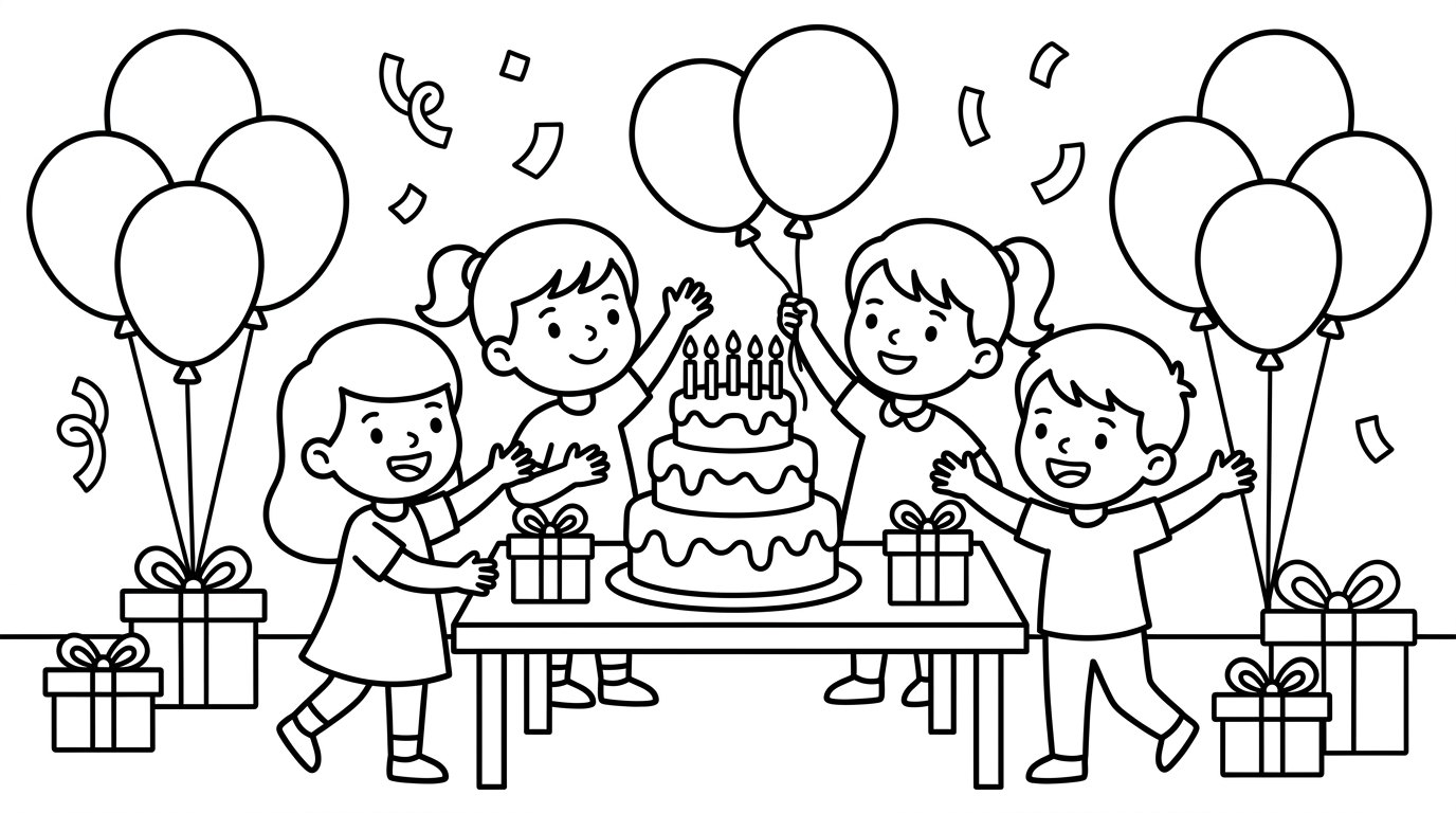 A colorful scene of children celebrating a birthday with balloons, cake, and presents. coloring page to print
