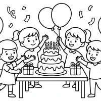 A colorful scene of children celebrating a birthday with balloons, cake, and presents.