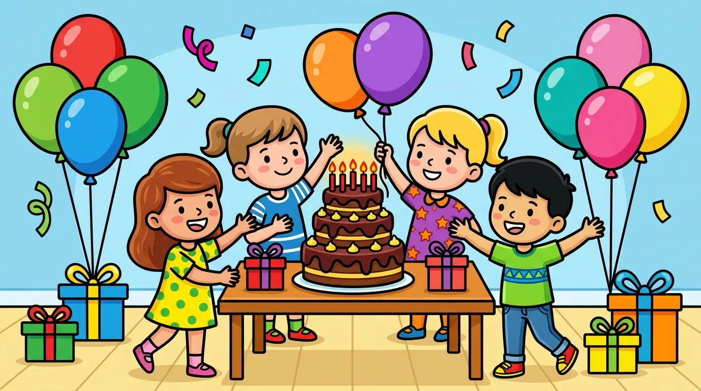 A colorful scene of children celebrating a birthday with balloons, cake, and presents. coloring page to print