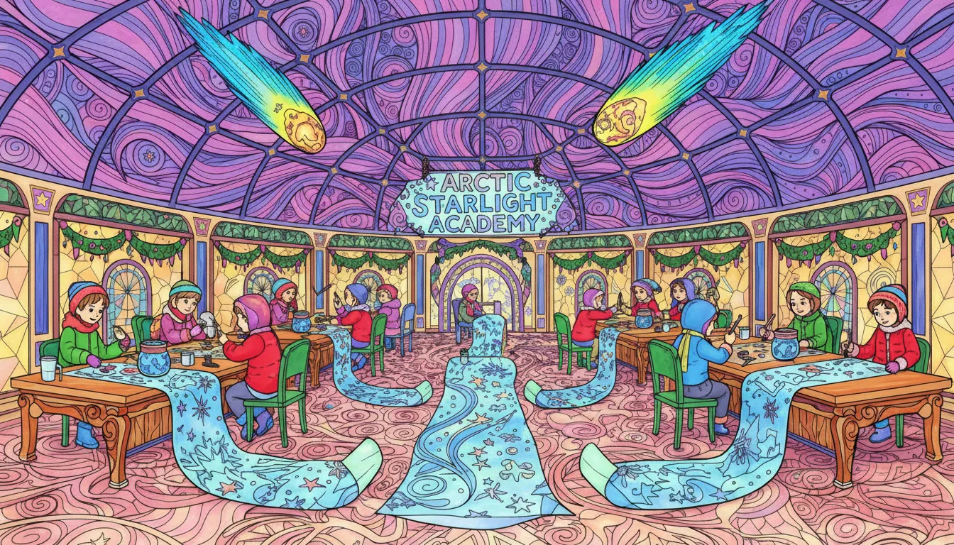 arctic aurora school with children painting night skies coloring page to print