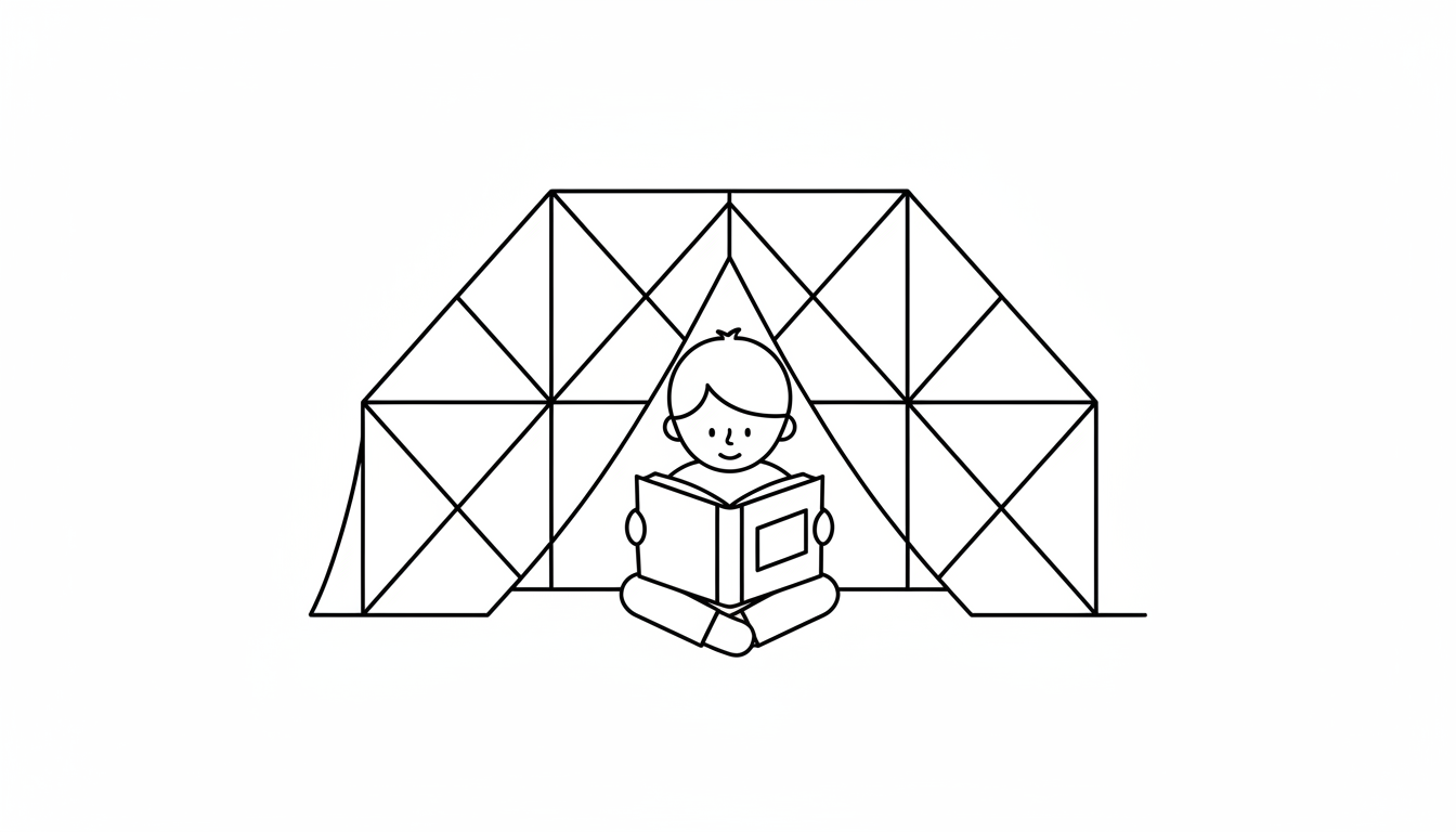A child reading a book inside a snug blanket fort. coloring page to print