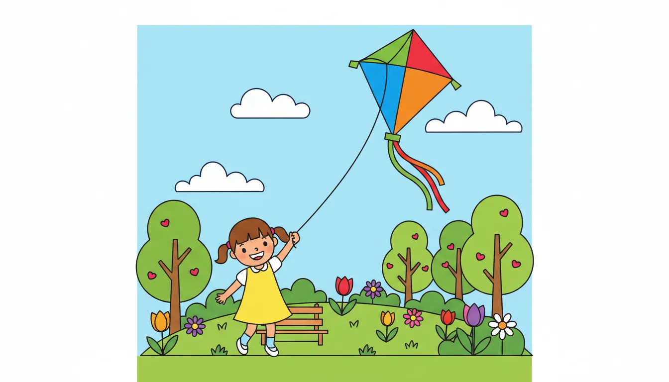 little girl flying a kite in spring park coloring page to print