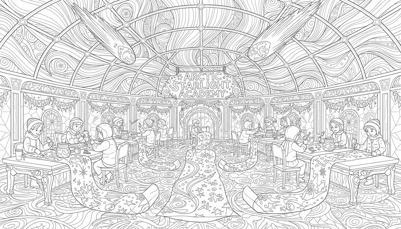 arctic aurora school with children painting night skies coloring page to print