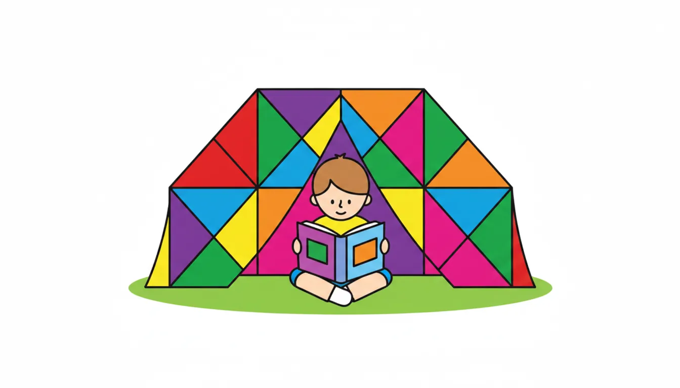 A child reading a book inside a snug blanket fort. coloring page to print