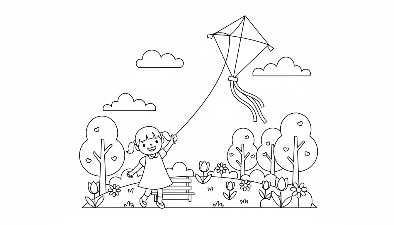 little girl flying a kite in spring park coloring page to print