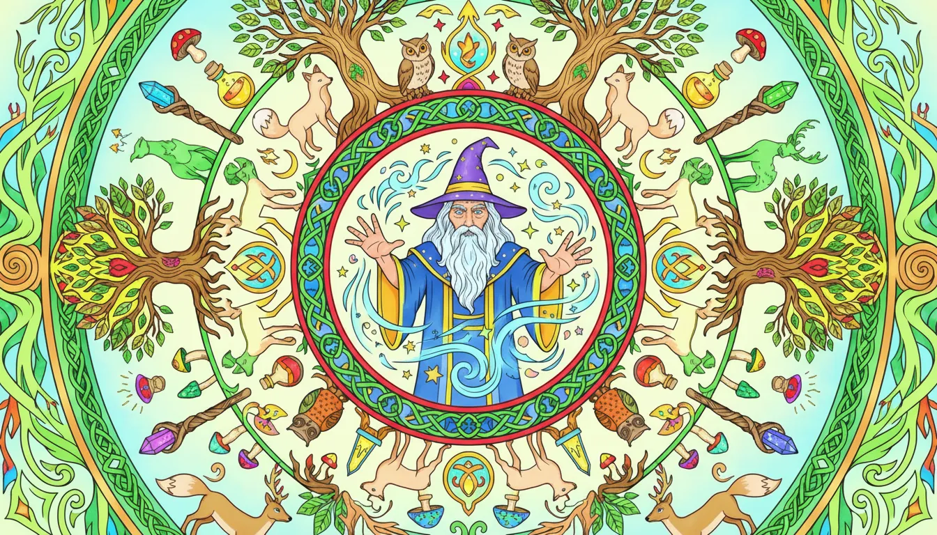 Magical scene of wise wizard casting spell in forest coloring page to print