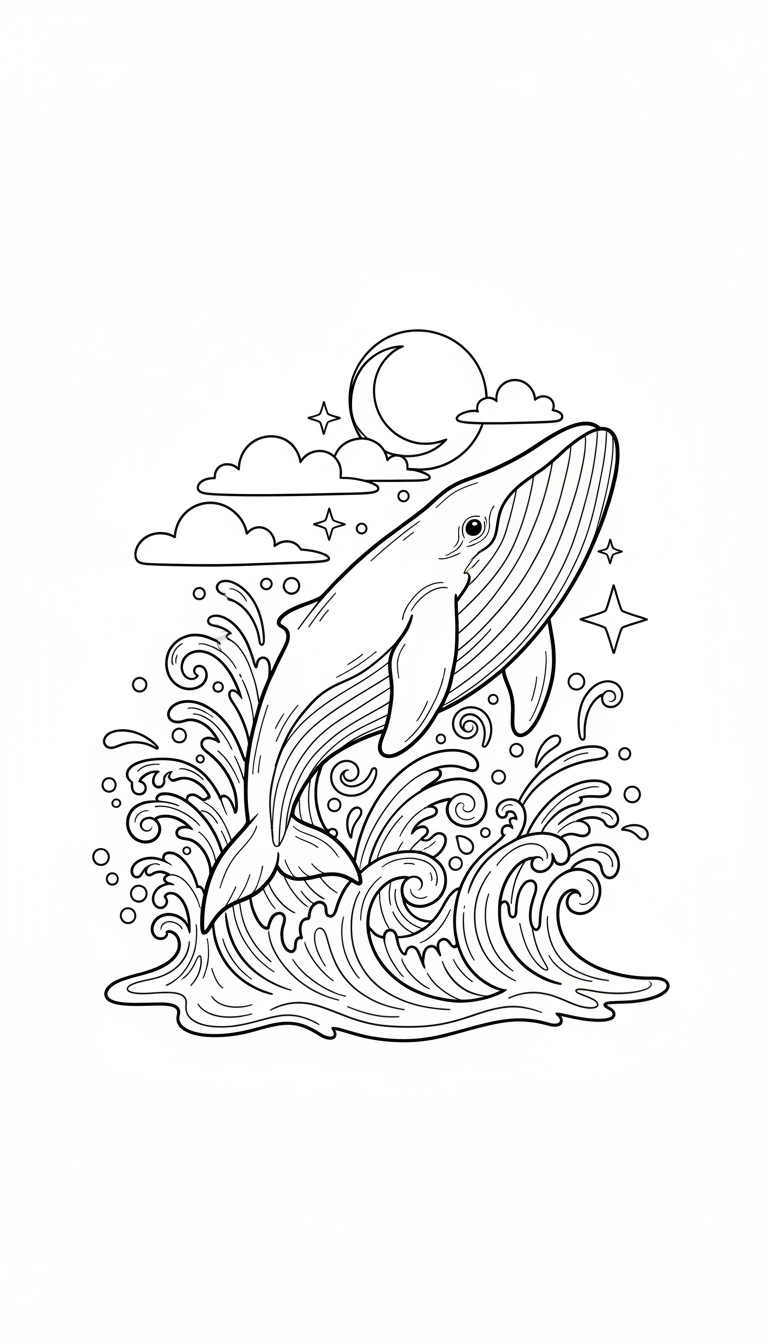 A large whale breaching out of the water with a big splash. coloring page to print