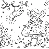 Magical tiny fairy sitting on a toadstool under glow worm light