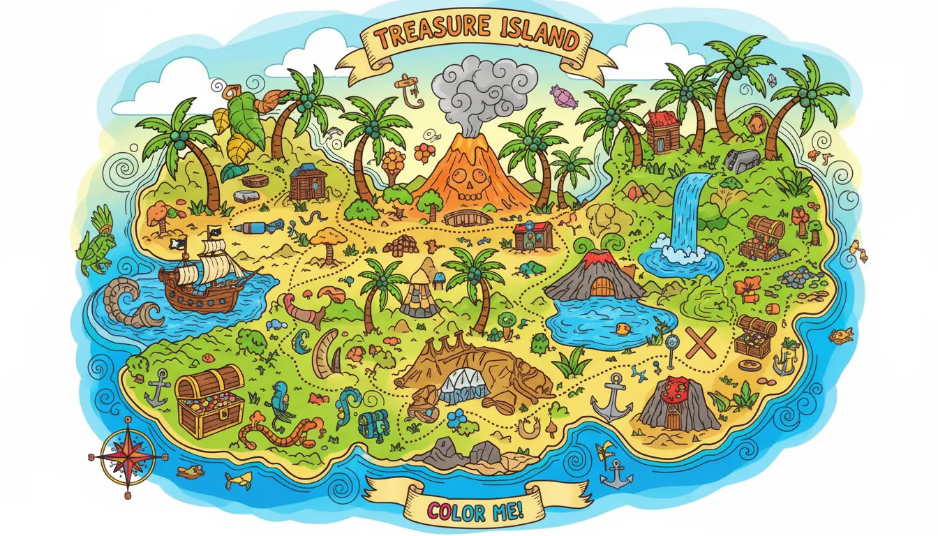 treasure island map with paths and palm trees coloring page to print