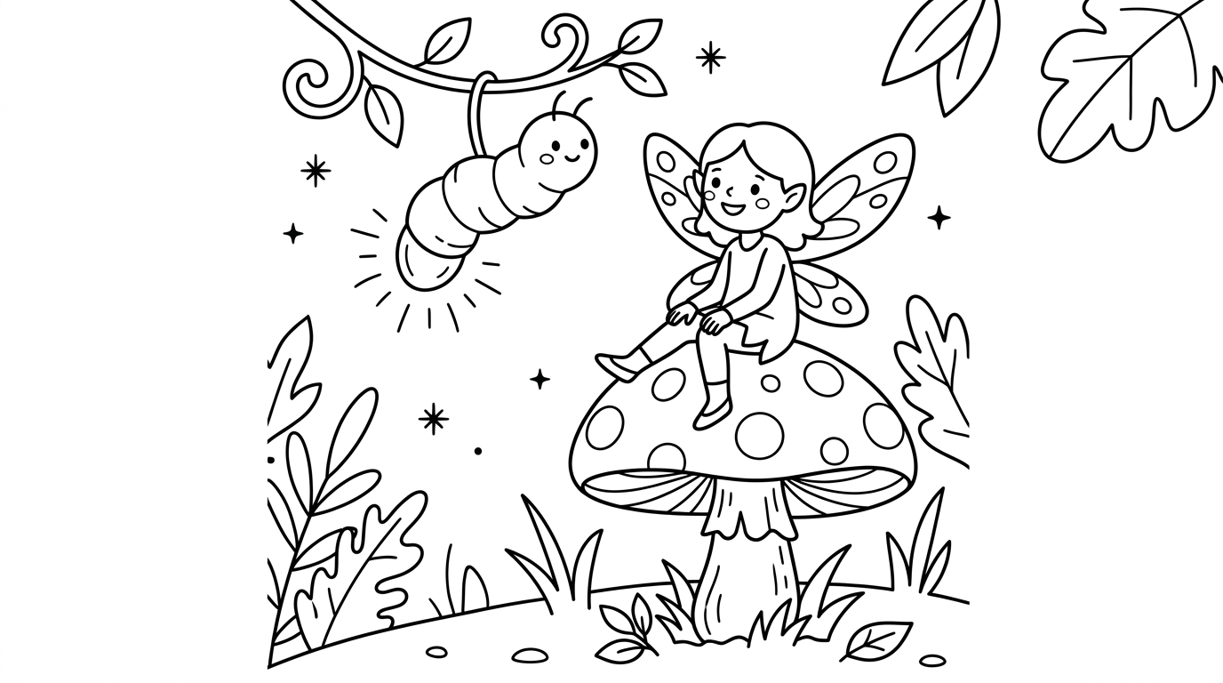 Magical tiny fairy sitting on a toadstool under glow worm light coloring page to print