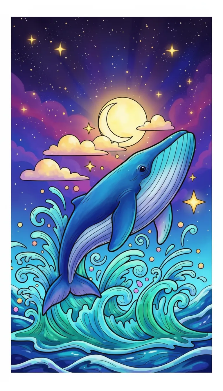 A large whale breaching out of the water with a big splash. coloring page to print