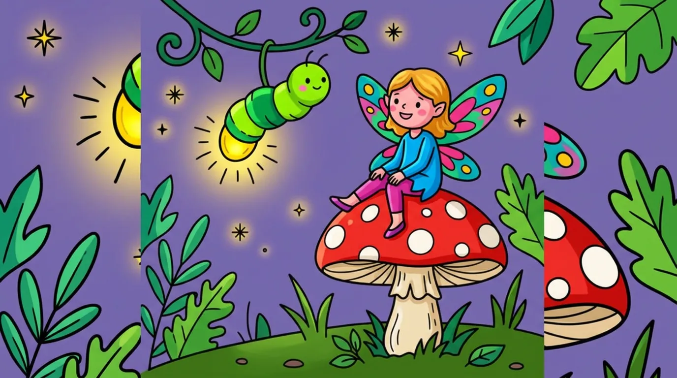 Magical tiny fairy sitting on a toadstool under glow worm light coloring page to print