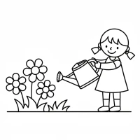 little girl watering flowers scene