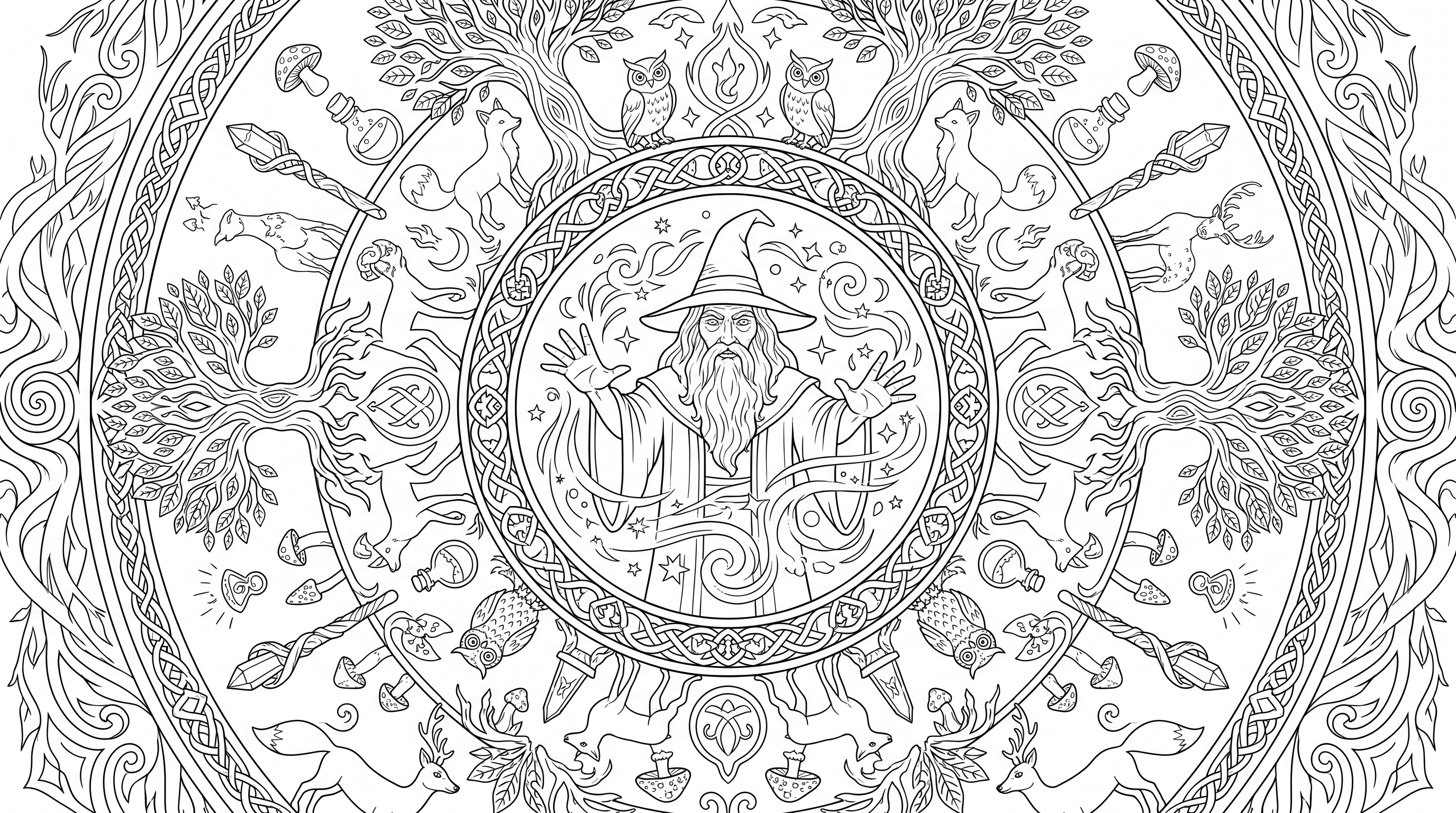 Magical scene of wise wizard casting spell in forest coloring page to print