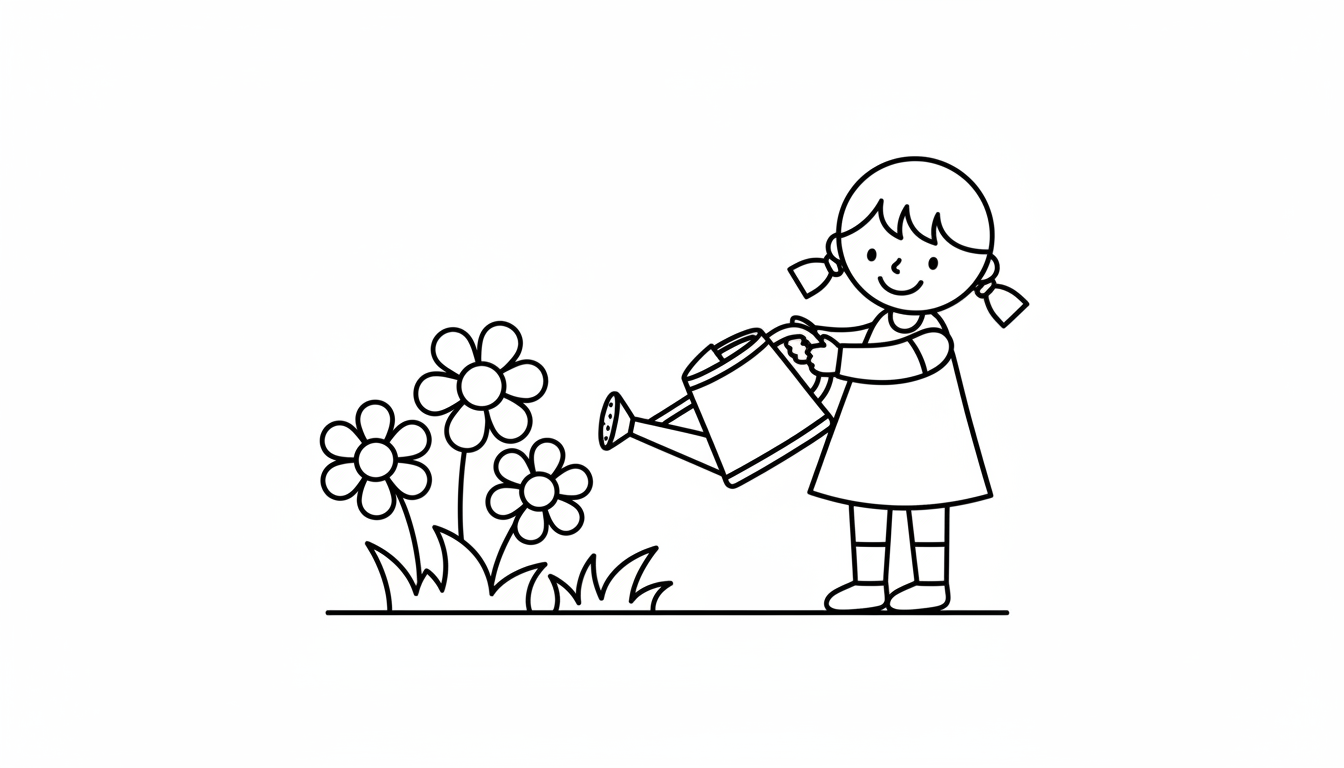 little girl watering flowers scene coloring page to print