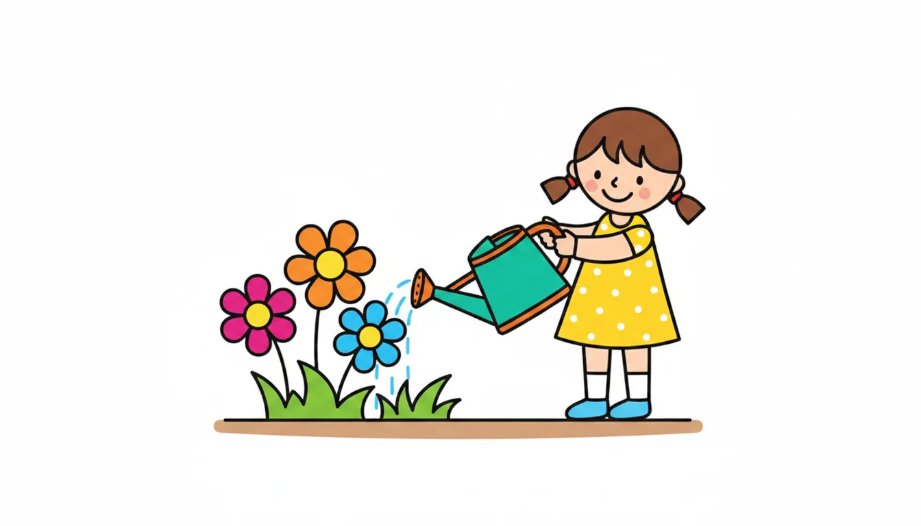 little girl watering flowers scene coloring page to print