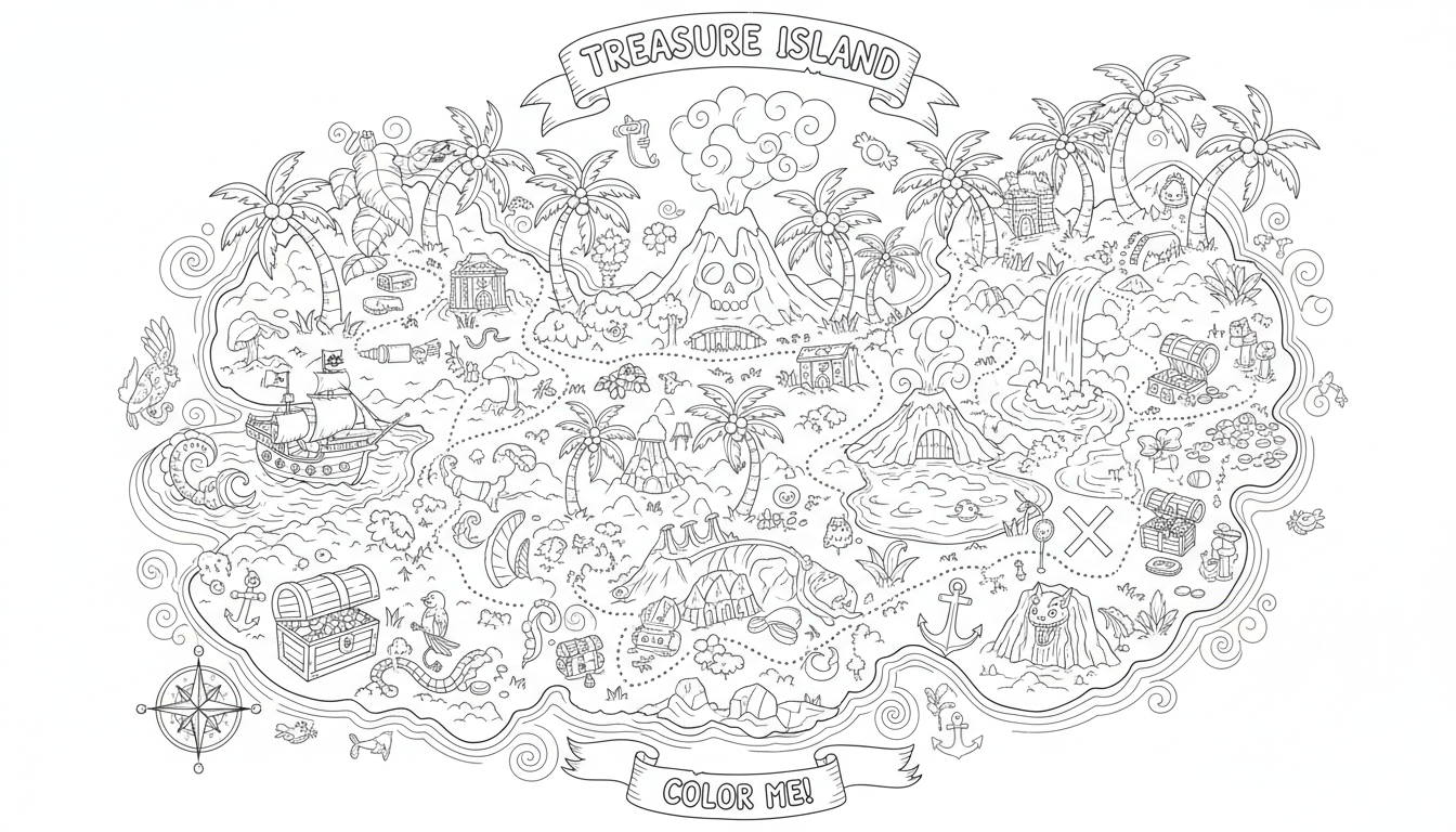 treasure island map with paths and palm trees coloring page to print