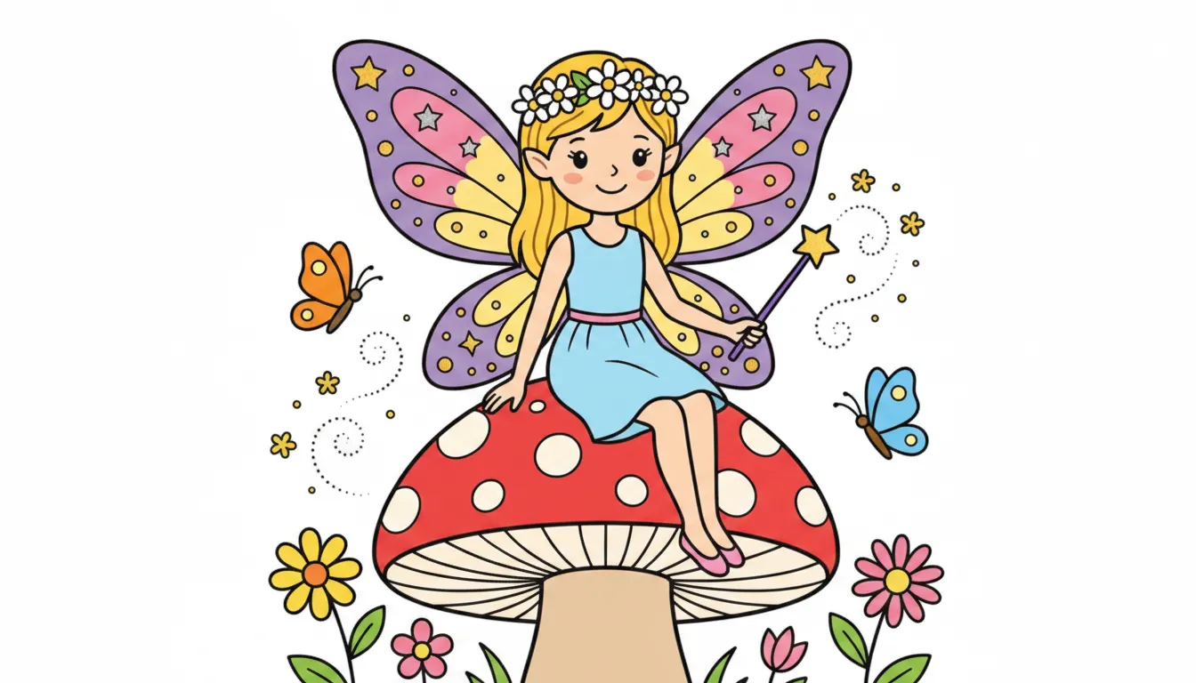 magical fairy on toadstool with sparkling wings coloring page to print