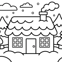 A cozy winter cabin with smoke coming from the chimney and snow on the roof.