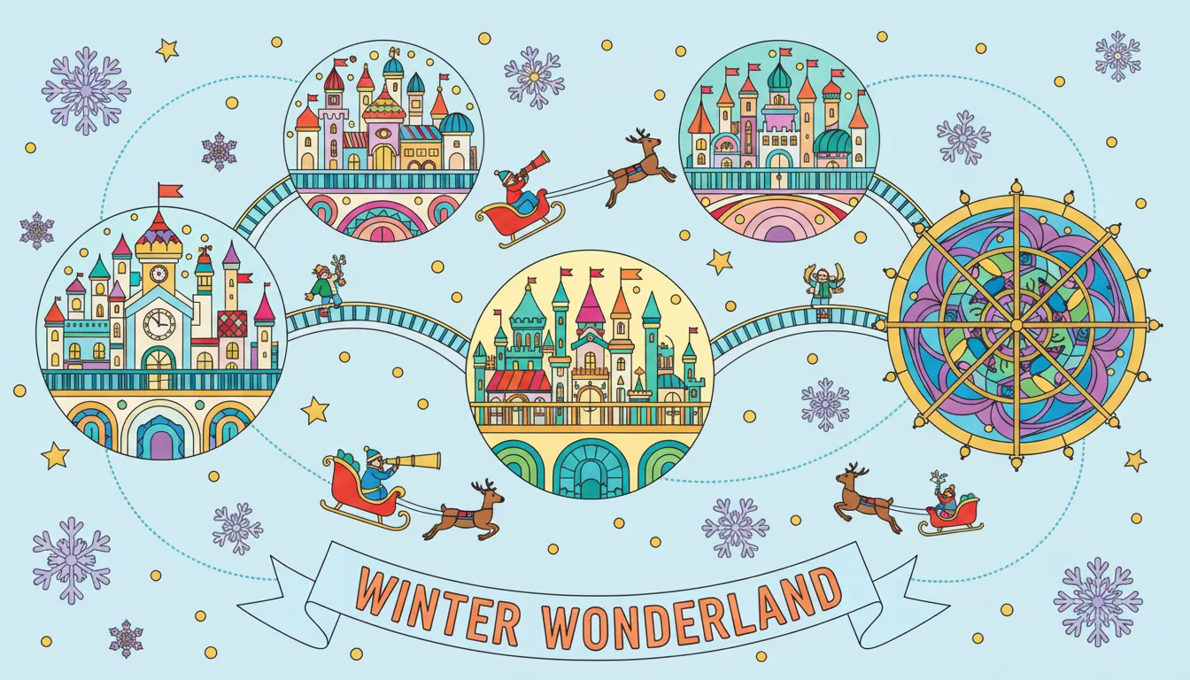 Dreamy Christmas snowflakes with sleighs and explorers coloring page to print