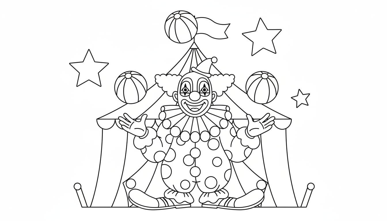cheerful clown juggling colorful balls at circus coloring page to print