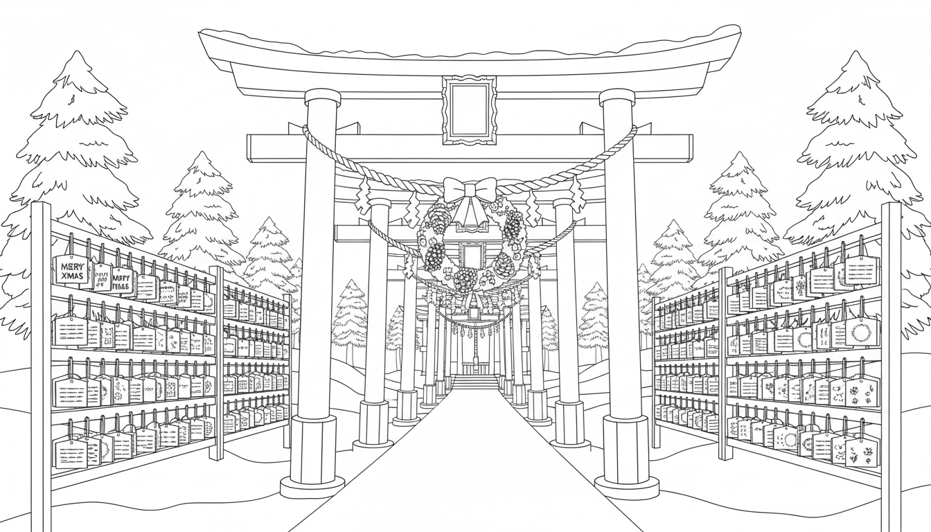Christmas Japanese shrine scene with torii and wreath coloring page to print