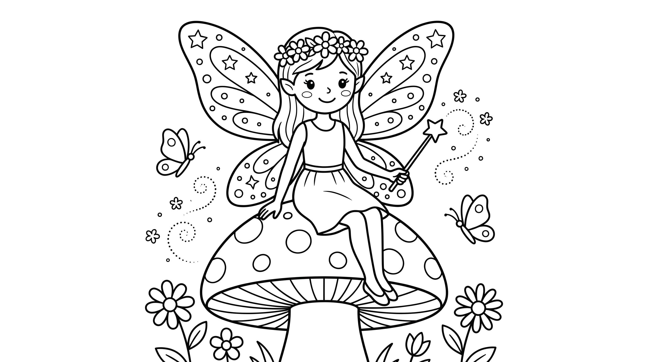 magical fairy on toadstool with sparkling wings coloring page to print