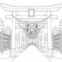 Christmas Japanese shrine scene with torii and wreath