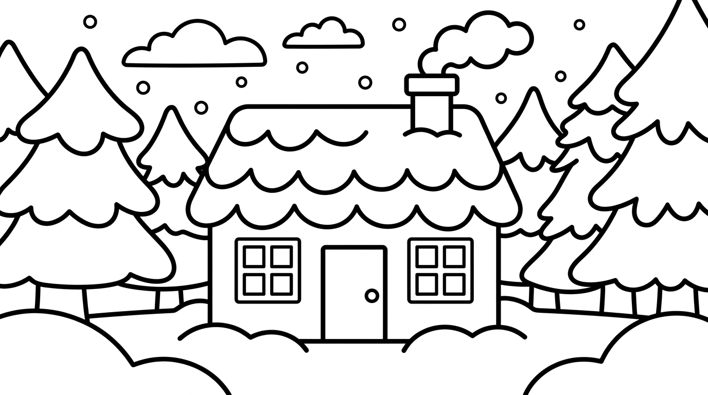 A cozy winter cabin with smoke coming from the chimney and snow on the roof. coloring page to print
