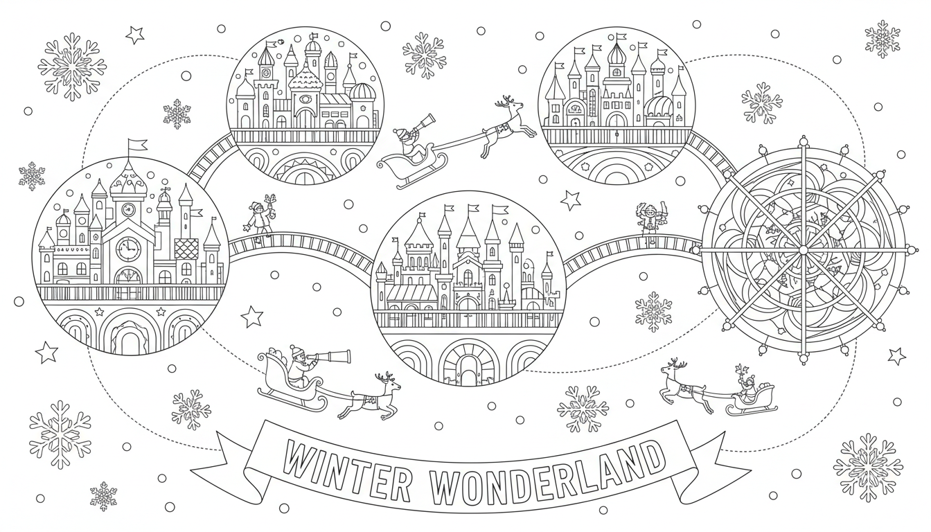 Dreamy Christmas snowflakes with sleighs and explorers coloring page to print