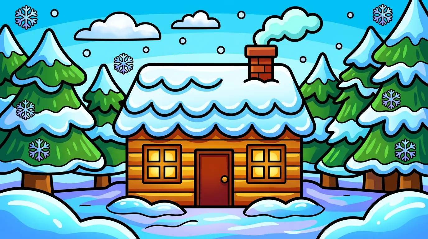 A cozy winter cabin with smoke coming from the chimney and snow on the roof. coloring page to print