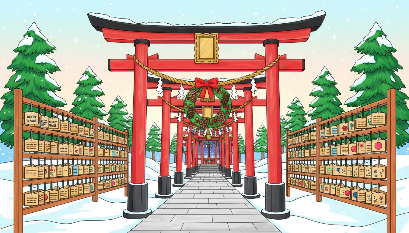 Christmas Japanese shrine scene with torii and wreath coloring page to print