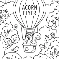Whimsical squirrel flying hot air balloon among trees