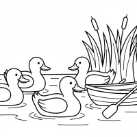 peaceful lake scene with ducks reeds and boat