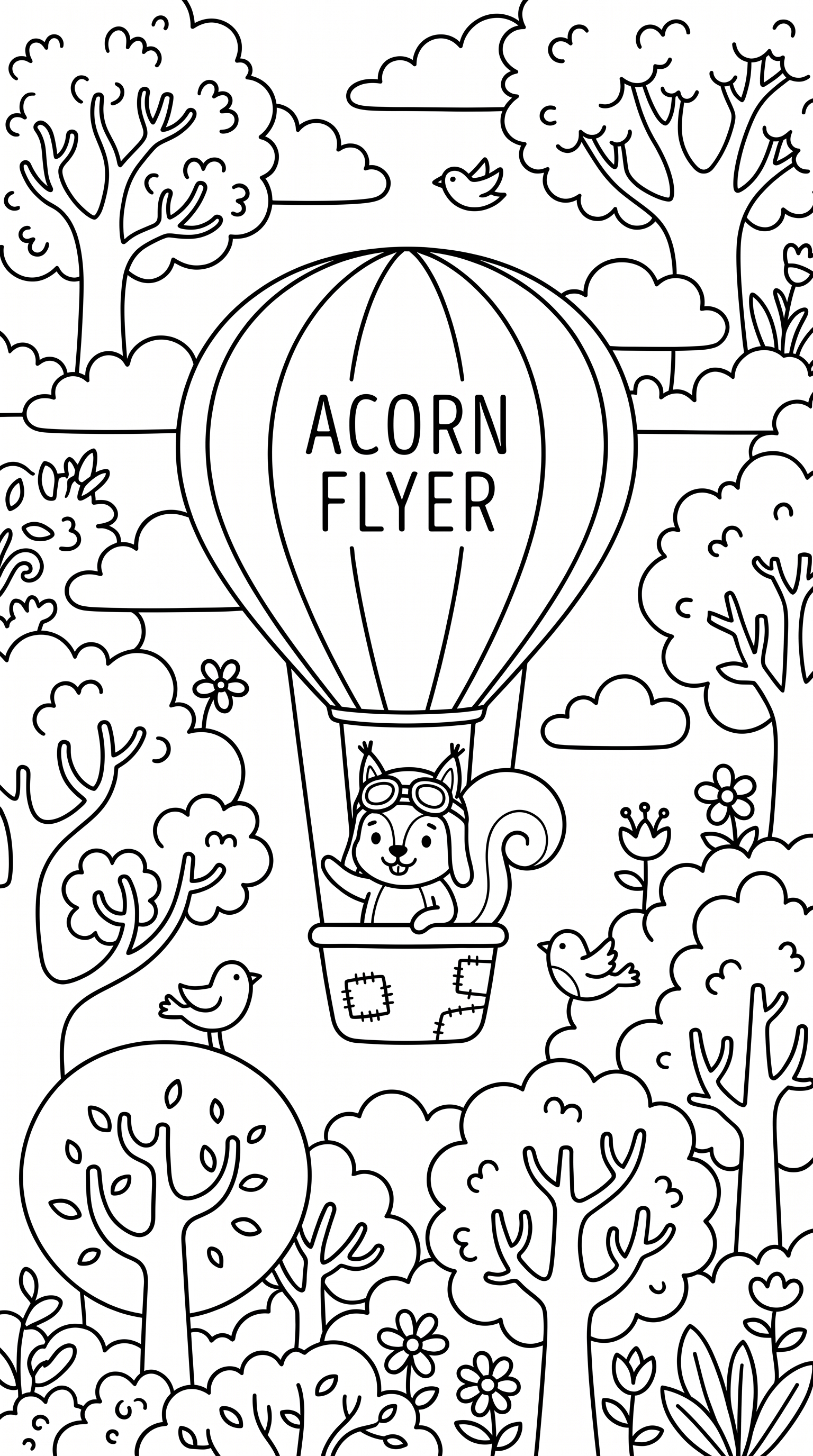 Whimsical squirrel flying hot air balloon among trees coloring page to print