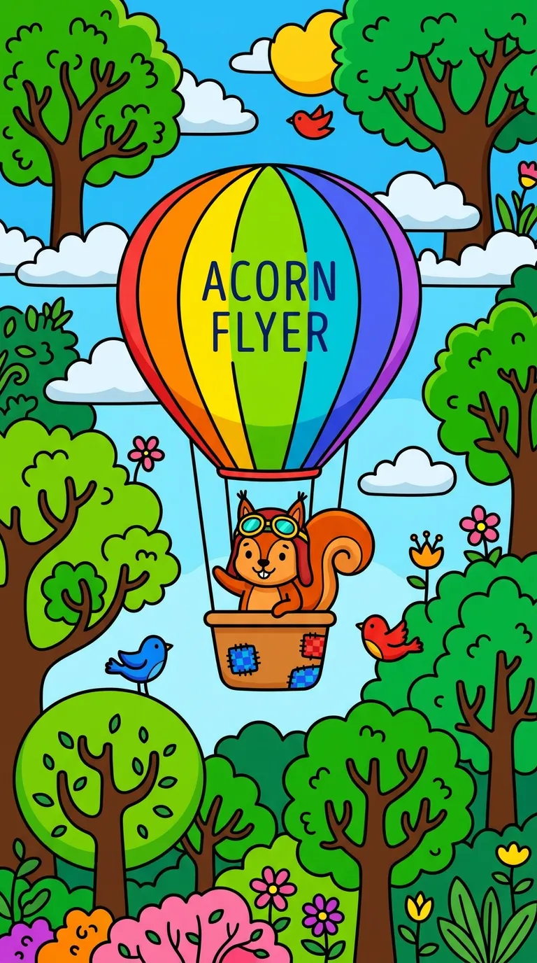 Whimsical squirrel flying hot air balloon among trees coloring page to print