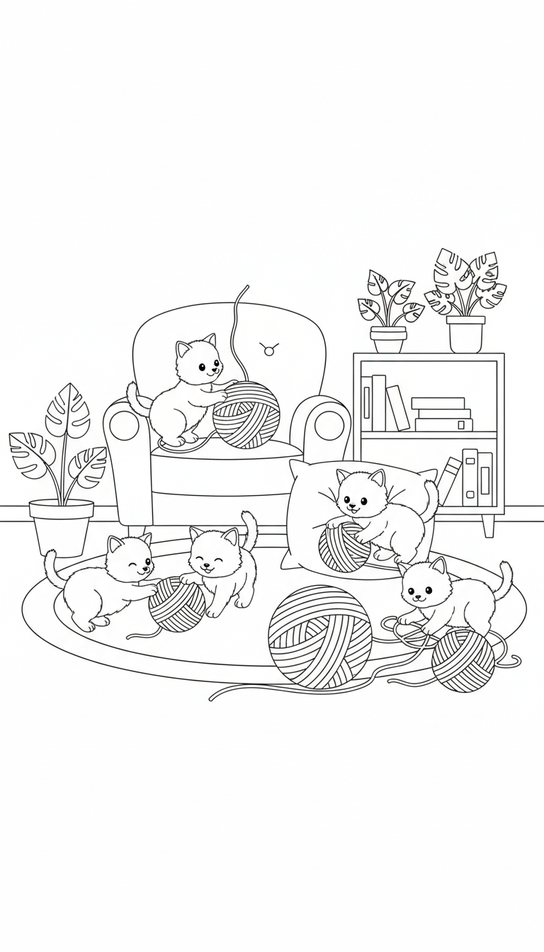 Kittens playing with yarn balls in cozy home coloring page to print