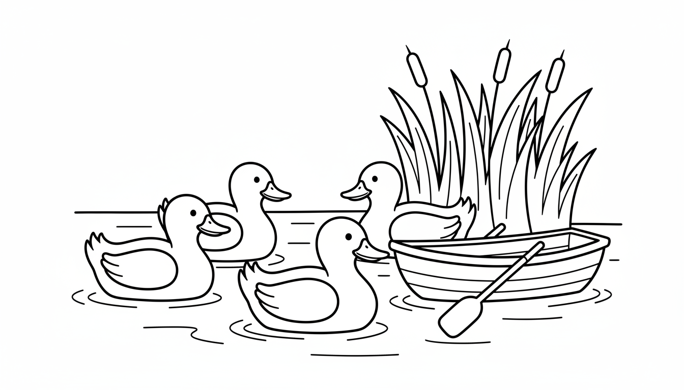 peaceful lake scene with ducks reeds and boat coloring page to print