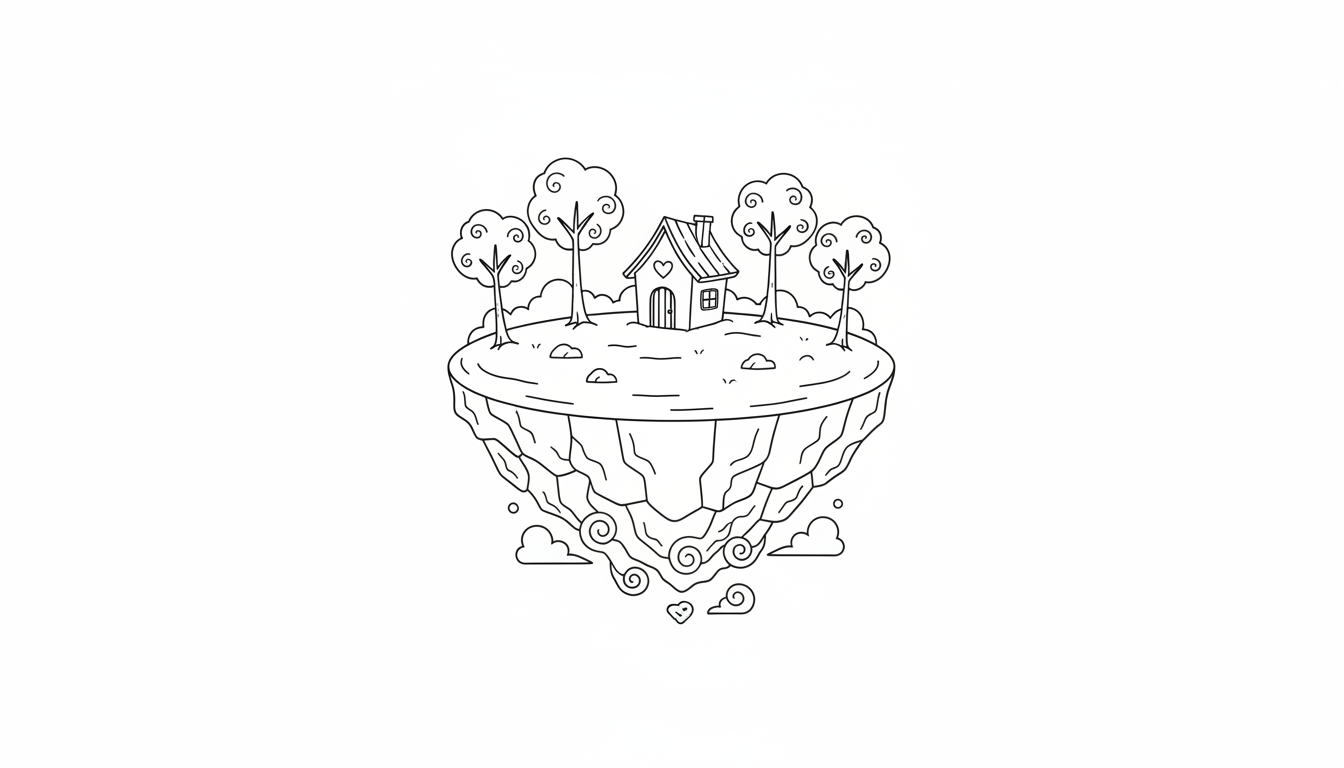 whimsical floating island with tiny house and trees coloring page to print