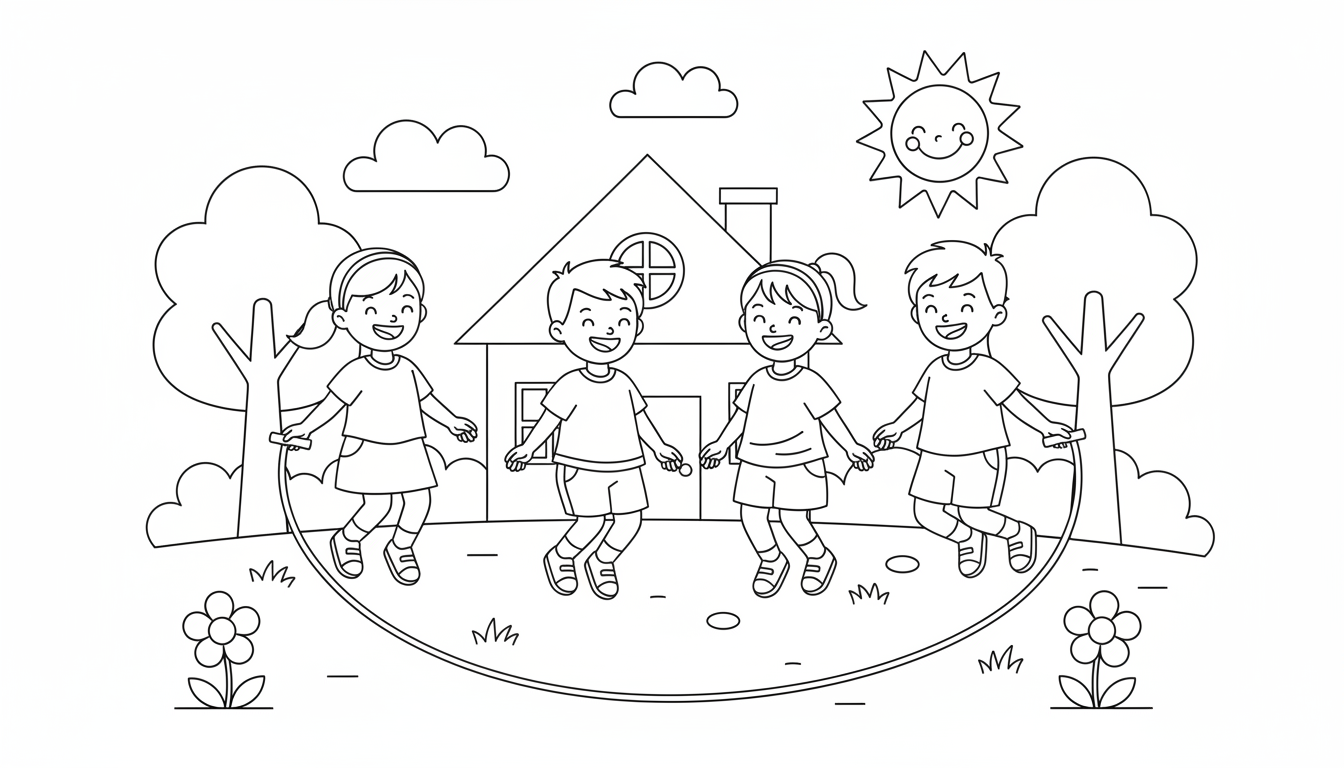 happy children jumping rope outside coloring page to print