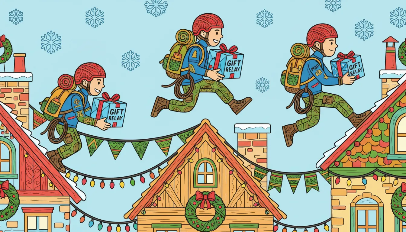 Christmas rooftop parcel relay scene coloring page to print