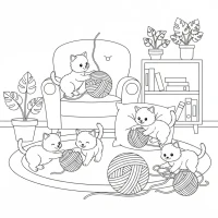 Kittens playing with yarn balls in cozy home