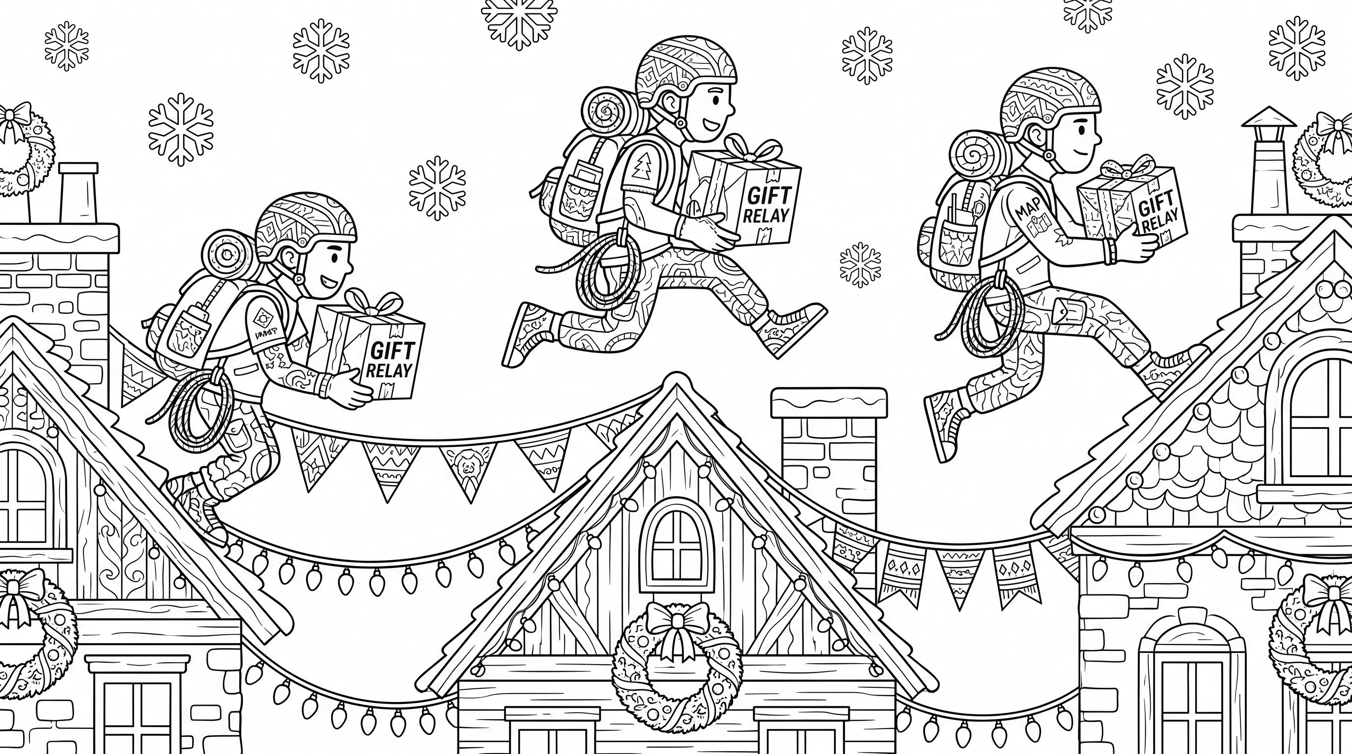 Christmas rooftop parcel relay scene coloring page to print