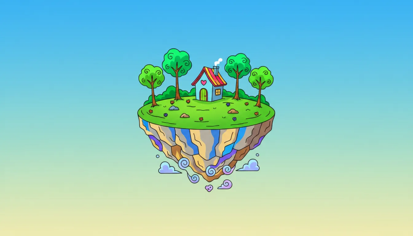 whimsical floating island with tiny house and trees coloring page to print