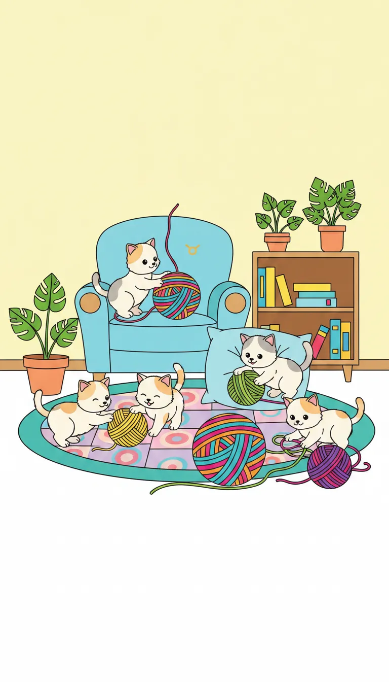 Kittens playing with yarn balls in cozy home coloring page to print