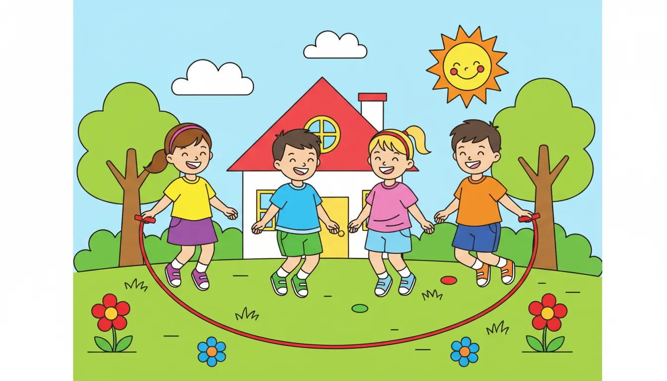 happy children jumping rope outside coloring page to print