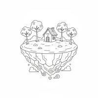whimsical floating island with tiny house and trees