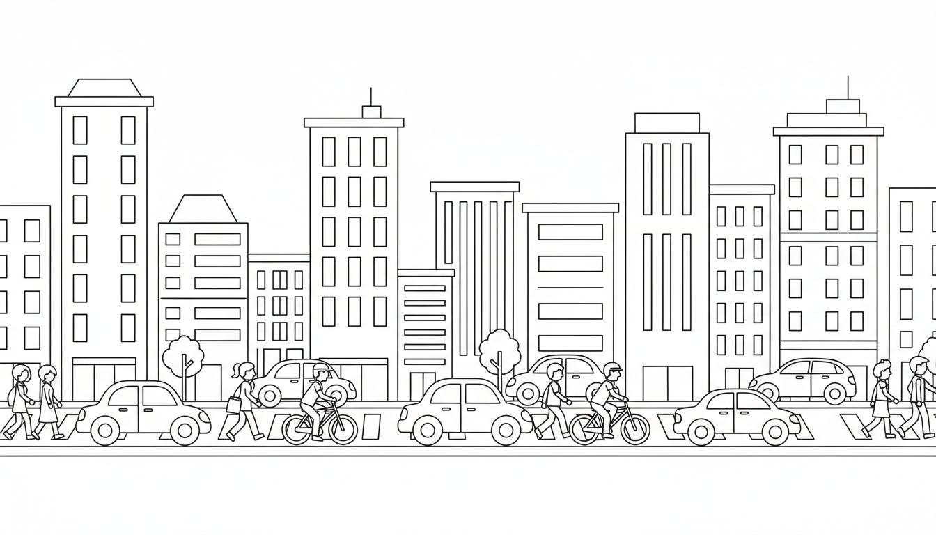 busy city scene with tall buildings cars and pedestrians coloring page to print