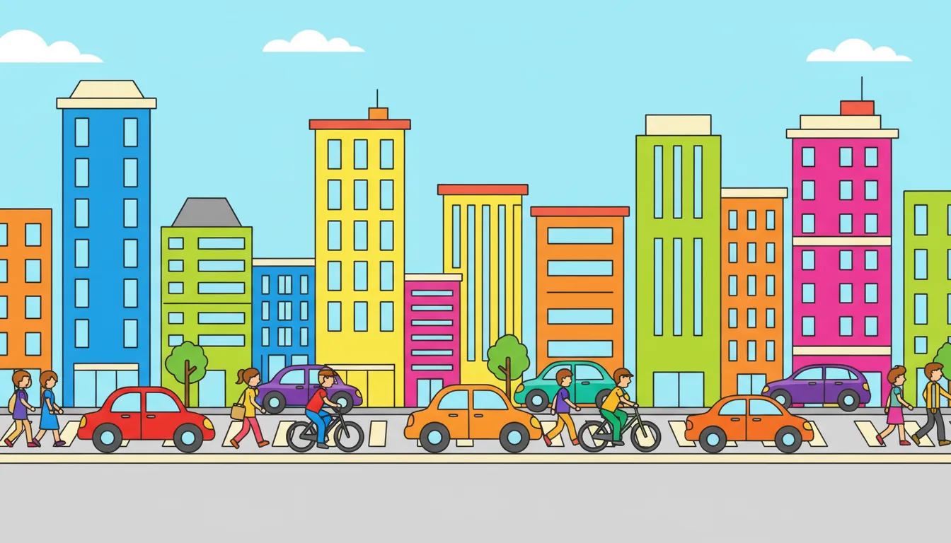 busy city scene with tall buildings cars and pedestrians coloring page to print