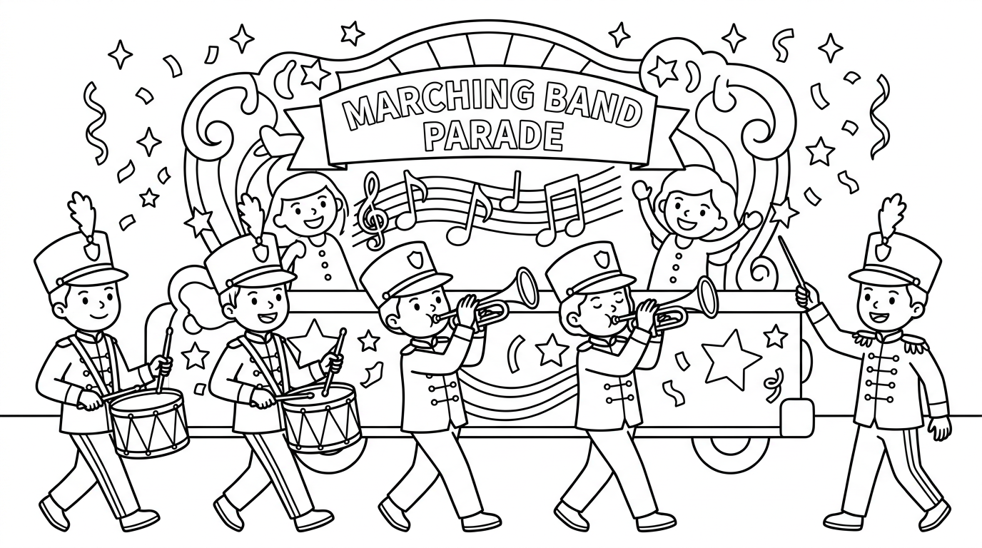 marching band with drummers, trumpets and float coloring page to print